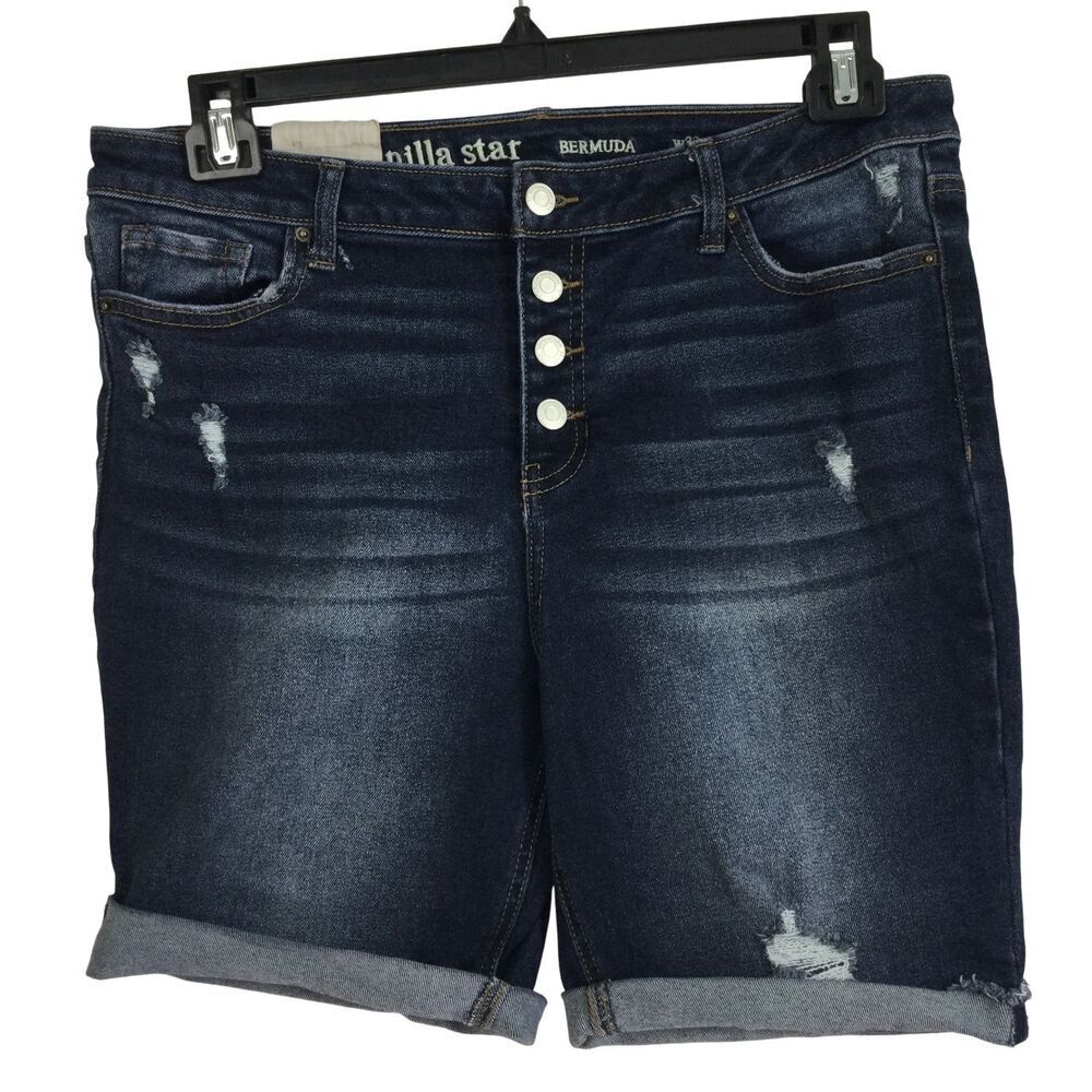 Vanilla Star Mid Rise Bermuda Cut off Distressed Button Fly Denim Shorts Blue 33